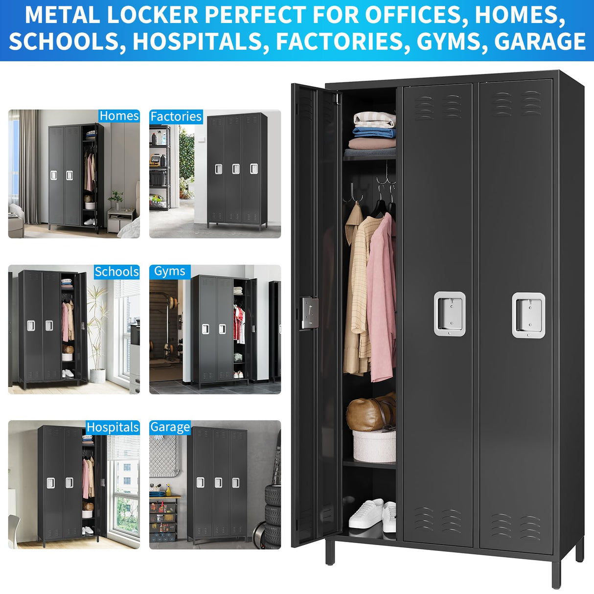 Loumernhant 72" Tall Metal Garage Storage Cabinets with Safety Lock,3 Doors Storage Lockers Combination,Metal Lockers Perfect for Homes,Gyms,Factories,Offices,Warehouses,Garage.Black. Loumernhant