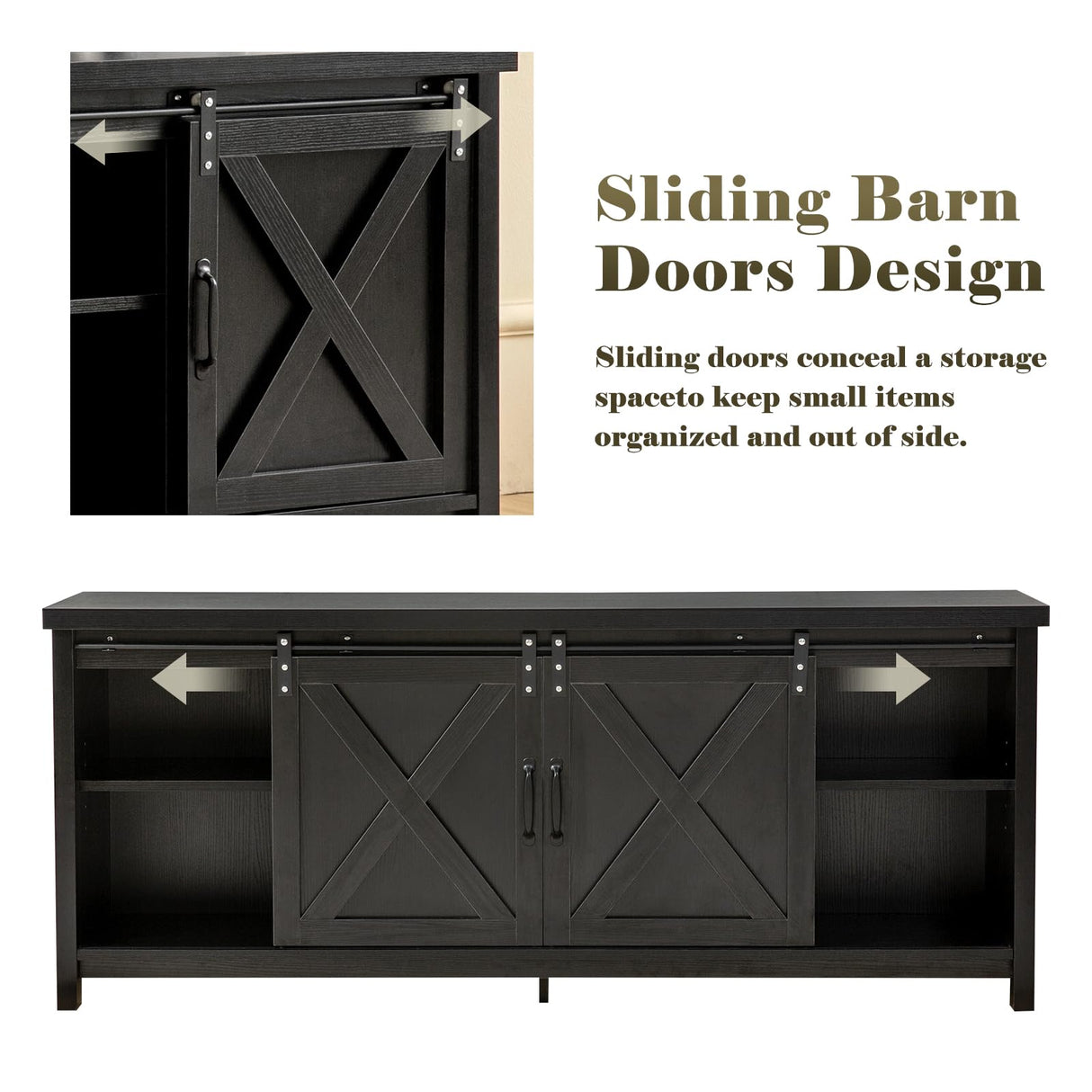 GAZHOME Farmhouse TV Stand with Sliding Barn Doors, Media Entertainment Center Console Table for TVs up to 65”,Rustic TV Stand for Living Room Bedroom(Black) GAZHOME