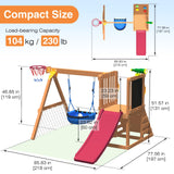 Toddler Swing and Slide Set for Backyard，Wooden 6 in 1 Playground Sets with Baby Swing, Toddler Slide, Rock Climber, Basketball Hoop, Football Net, Telescope,Outdoor Playset for Ages 18 Mon to 3 yrs SuniBoxi