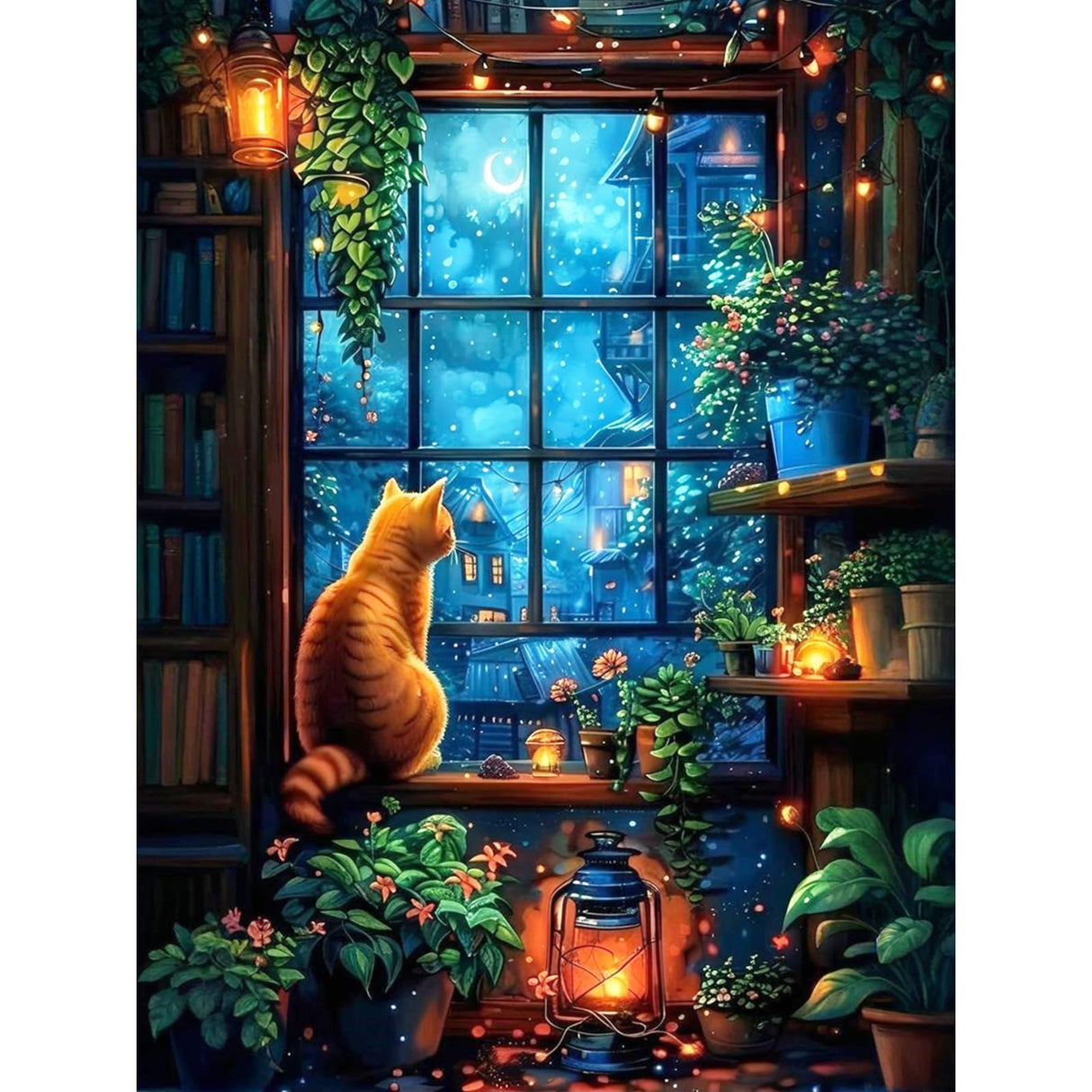 Diamond Art Kits for Adults Cat, 5D Window Landscape Diamond Painting Kits for Adults Beginners, DIY Potted Plant Full Round Dots Drill Gem Art Kit for Gift Home Wall Decor 12 x 16 Inch Camocin