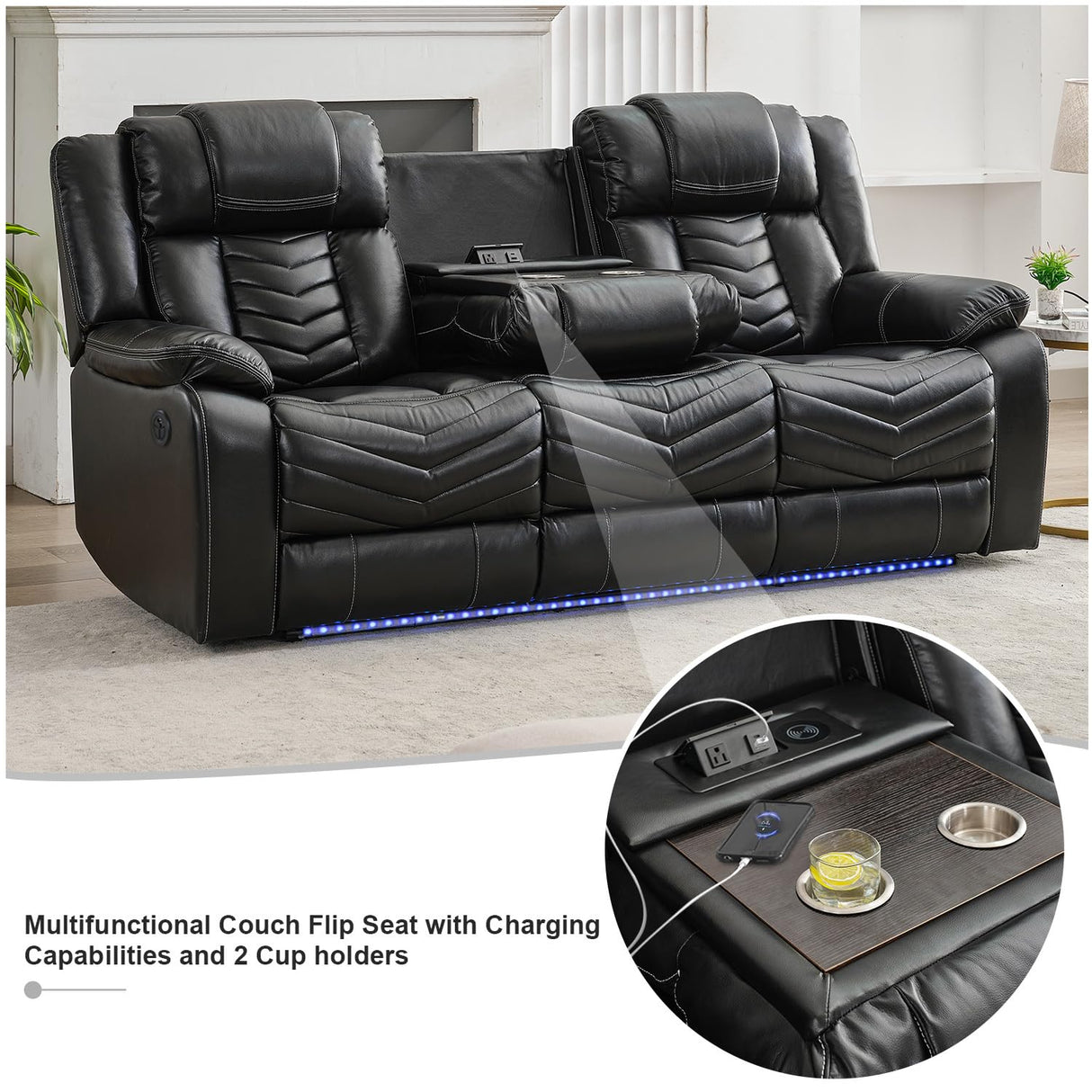 Power Recliner Sofa Set 5-Seater with Zero Gravity,Bass Speaker,Wireless Charger,USB/Type-C Ports,LED Lights,Cup Holders,Faux Leather Electric Reclining Loveseat Couch Recliner Sets,2 Piece,Black Comfort Stretch