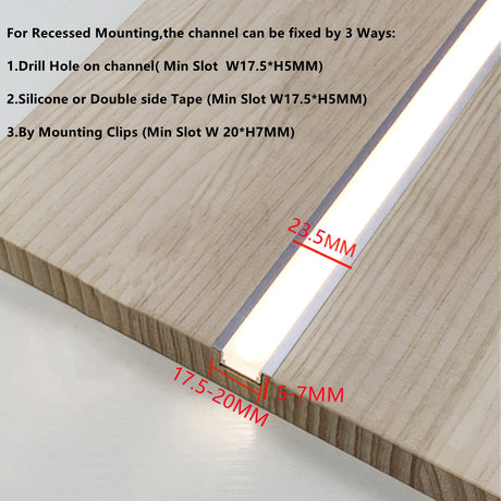 THMOOTHER Recessed LED Strip Channel Diffuser 10-Pack 6.56FT,23.5X7MM LED Tape Aluminum Track with Flange,Flush Mounted Wardrobe Bookcase Wine Cabinet Wooden Furniture Groove Integrated Low Profile THMOOTHER