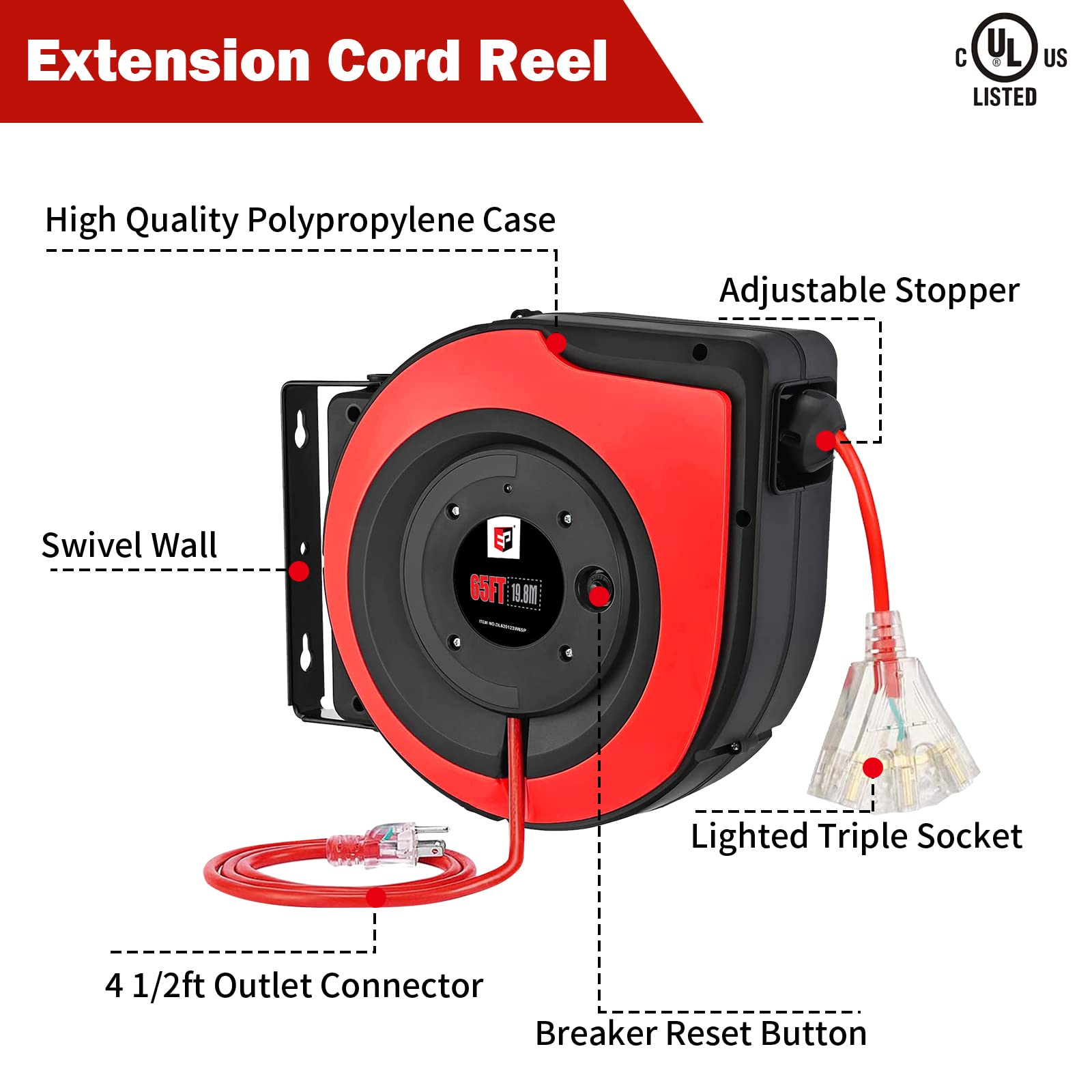 EP Retractable Extension Cord Reel,65 Feet 12 AWG/3C SJTOW Heavy Duty Power Cord,15 AMP Circuit Breaker, 3-Lighted Triple Outlets,Ceiling or Wall Mount Use Indoor/Outdoor, Red - WoodArtSupply