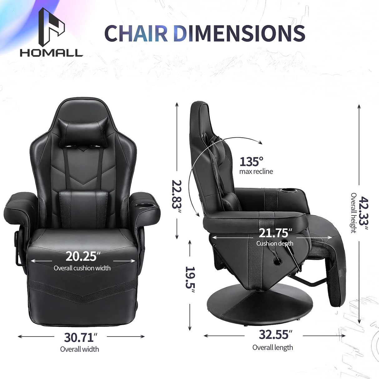 Homall Computer Racing Style Pu Leather Ergonomic Adjusted Reclining Video Gaming Single Sofa Chair with Footrest Headrest and Lumbar Support (Black) Homall