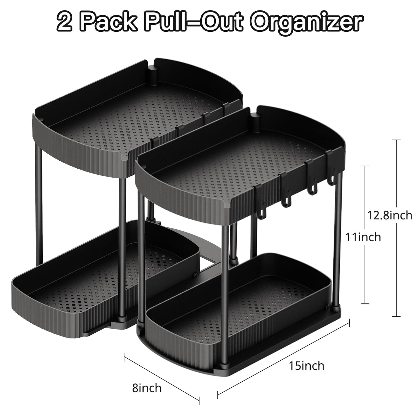 Ukeetap 2 Pack Multi-Purpose Pull-Out Storage Organizers, Under Sink Organizers and Storage for Bathroom & Kitchen, Under Cabinet Organizers and storage, 12.8 Inch, Black