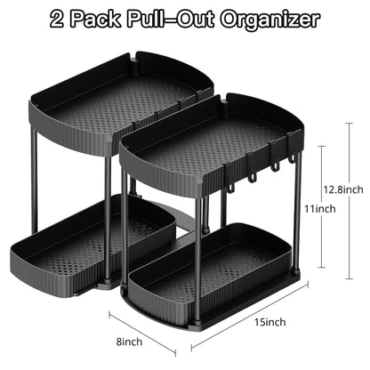 Ukeetap 2 Pack Multi-Purpose Pull-Out Storage Organizers, Under Sink Organizers and Storage for Bathroom & Kitchen, Under Cabinet Organizers and storage, 12.8 Inch, Black