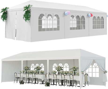 Generic Party Tent 10'x30' Patio Tent Outdoor Canopy Shelter with 8 Removable Side Walls (10' x 30' with 8 Side Walls) White Ge-726 WoodArtSupply