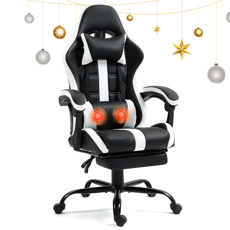 HOMHUM Massage Gaming Chair with Footrest, Ergonomic PU Leather Computer Chair w/Headrest and Lumbar, Height Adjustable, 360° Swivel Desk Office Chair, White HOMHUM