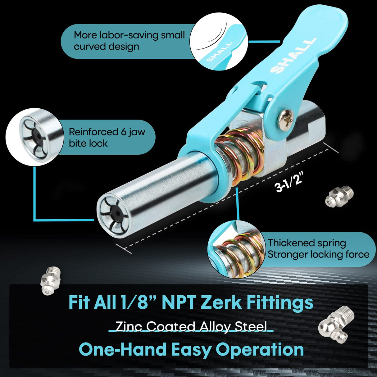 SHALL Grease Gun Coupler, Quick Release & Strong Locking Grease Gun Couplers w/Zerk Fittings Cleaner, 10000 PSI High Pressure Grease Gun Tips, Compatible with All Grease Guns 1/8" NPT Grease Fittings SHALL
