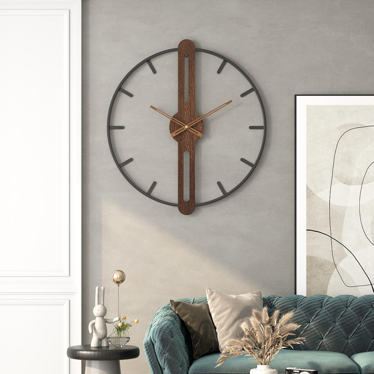 DAYDAYART Modern Walnut Dial Wall Clock, Wood Large Wall Clock Decor Metal Frame Silent Non Ticking for Living Room, Bedroom, Kitchen, Study Decoration, Handmade Home Present Idea, 24 in （60 cm） DAYDAYART