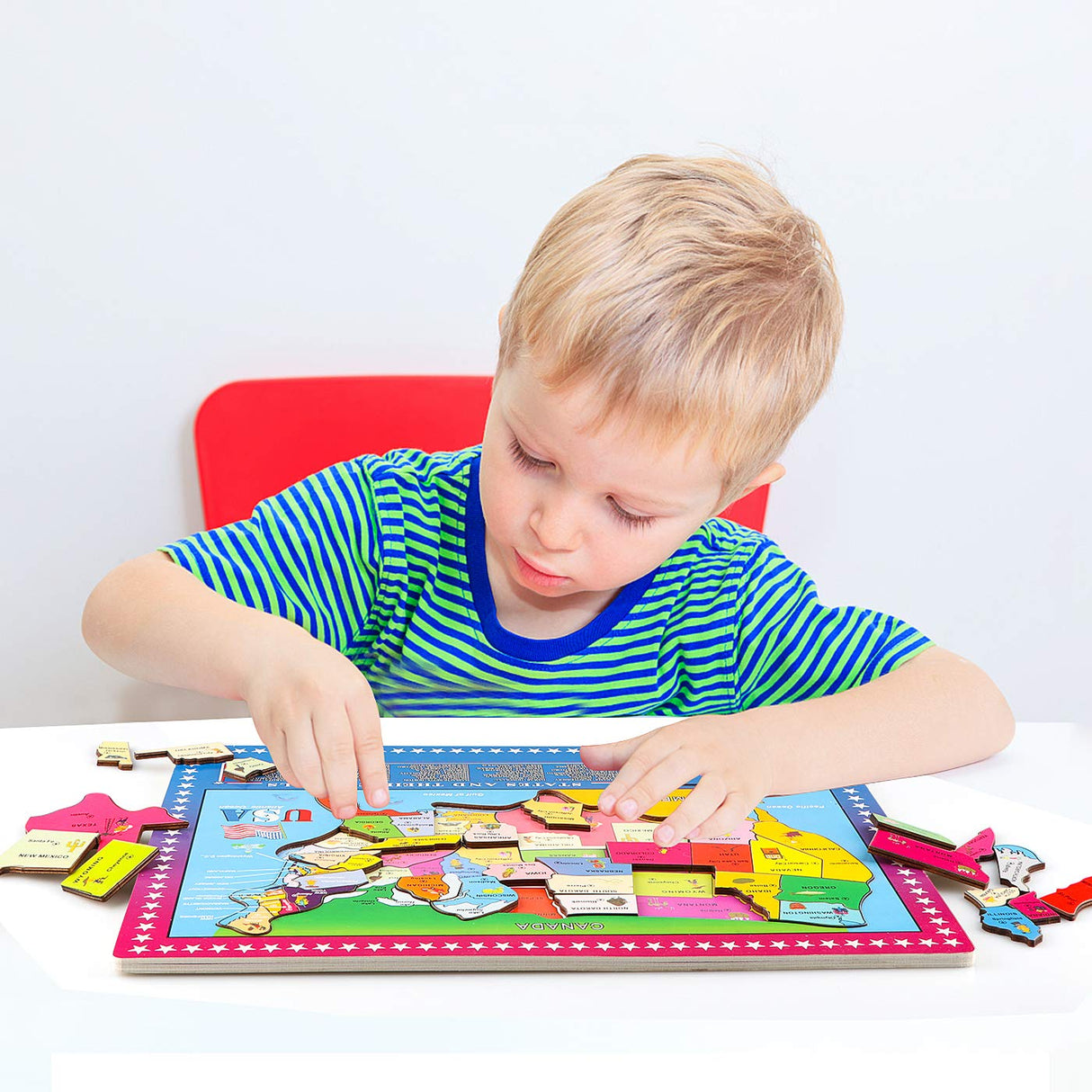Wondertoys 46 Pieces Wooden USA Map Puzzle for Kids US Map Puzzle Educational Geography Puzzles United States Map Puzzle for Boy Girl Wondertoys