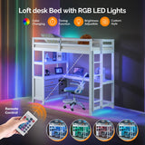 VINGLI Twin Loft Bed with L-Shaped Desk and 3 Storage Drawers, Solid Wood Single Bunk Gamer Bed with RGB LED Light Underneath,2 Charging Stations, White VINGLI