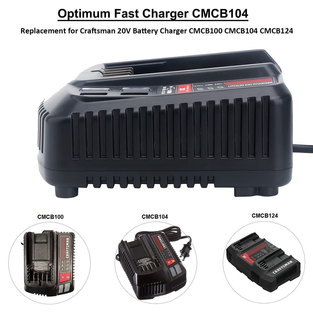 Qbmel 20V Battery Charger Replacement for Craftsman V20 Lithium Ion 20Volts Battery CMCB104 CMCB202 CMCB201 CMCB209 CMCB205 CMCB100 CMCB102 CMCB101 with USB Port(Only for 20V,not for 19.2V) Qbmel