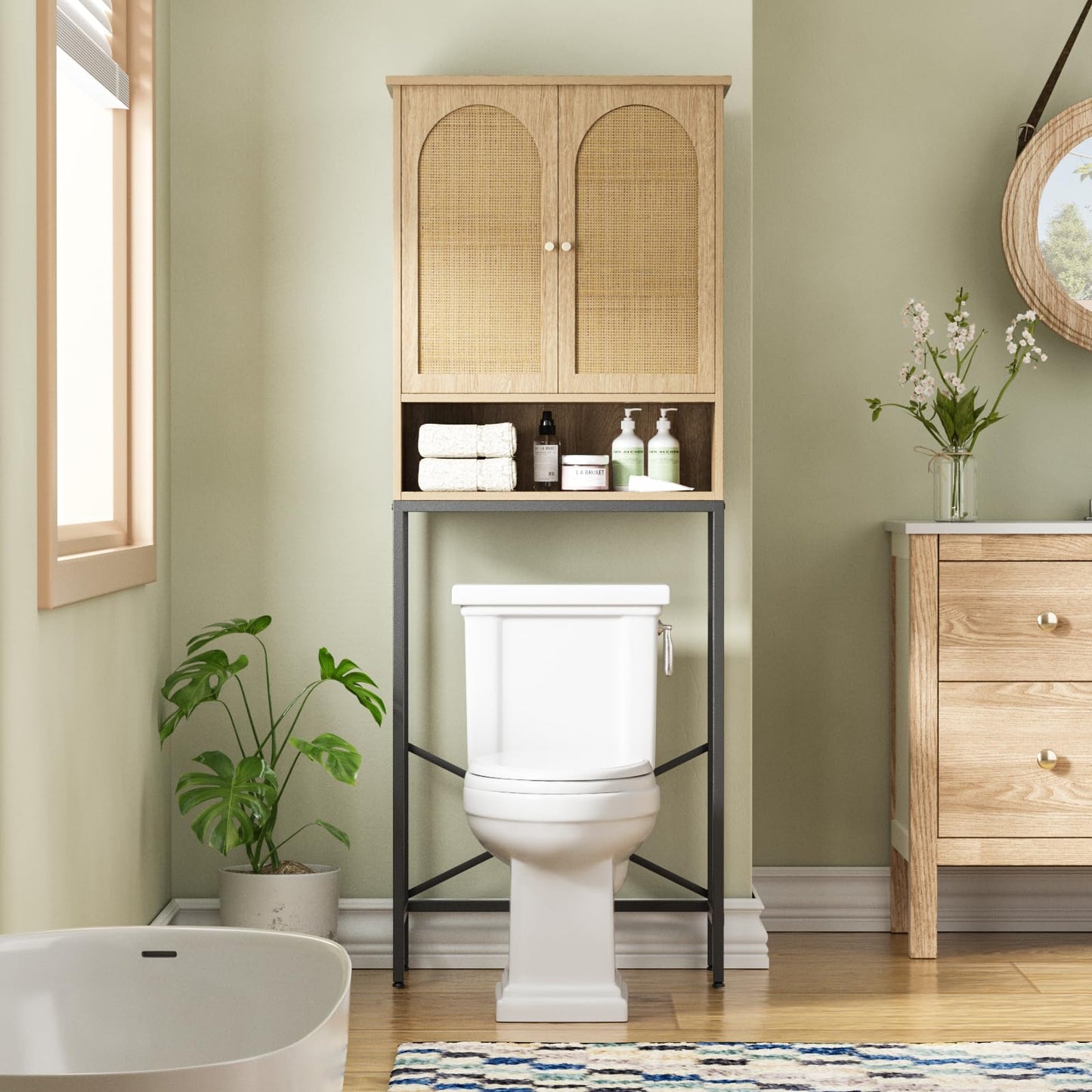 Vabches Over The Toilet Storage Cabinet with Metal Frame & Rattan Doors, Bathroom Organizer Over Toilet, Space-Saving Tall Toilet Rack/Shelf, Rattan Toilet Cabinet for Restroom, Laundry, Natural