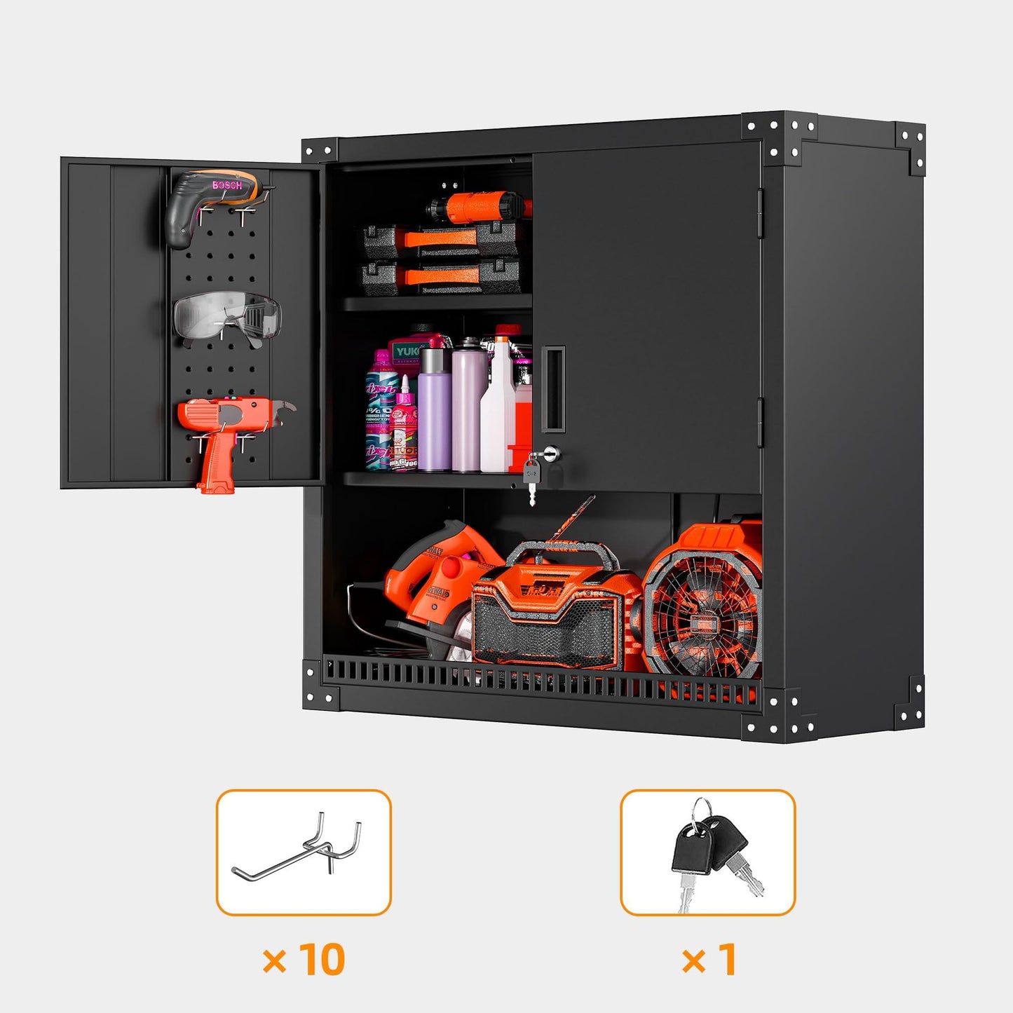 INTERGREAT Metal Wall Storage Cabinet with Adjustable Shelf, Wall Mounted Tool Cabinets with Pegboard for Garage, Lockable 31” H Steel Medicine Cabinets with Doors, Home Office, Kitchen (32”W x 12”D)