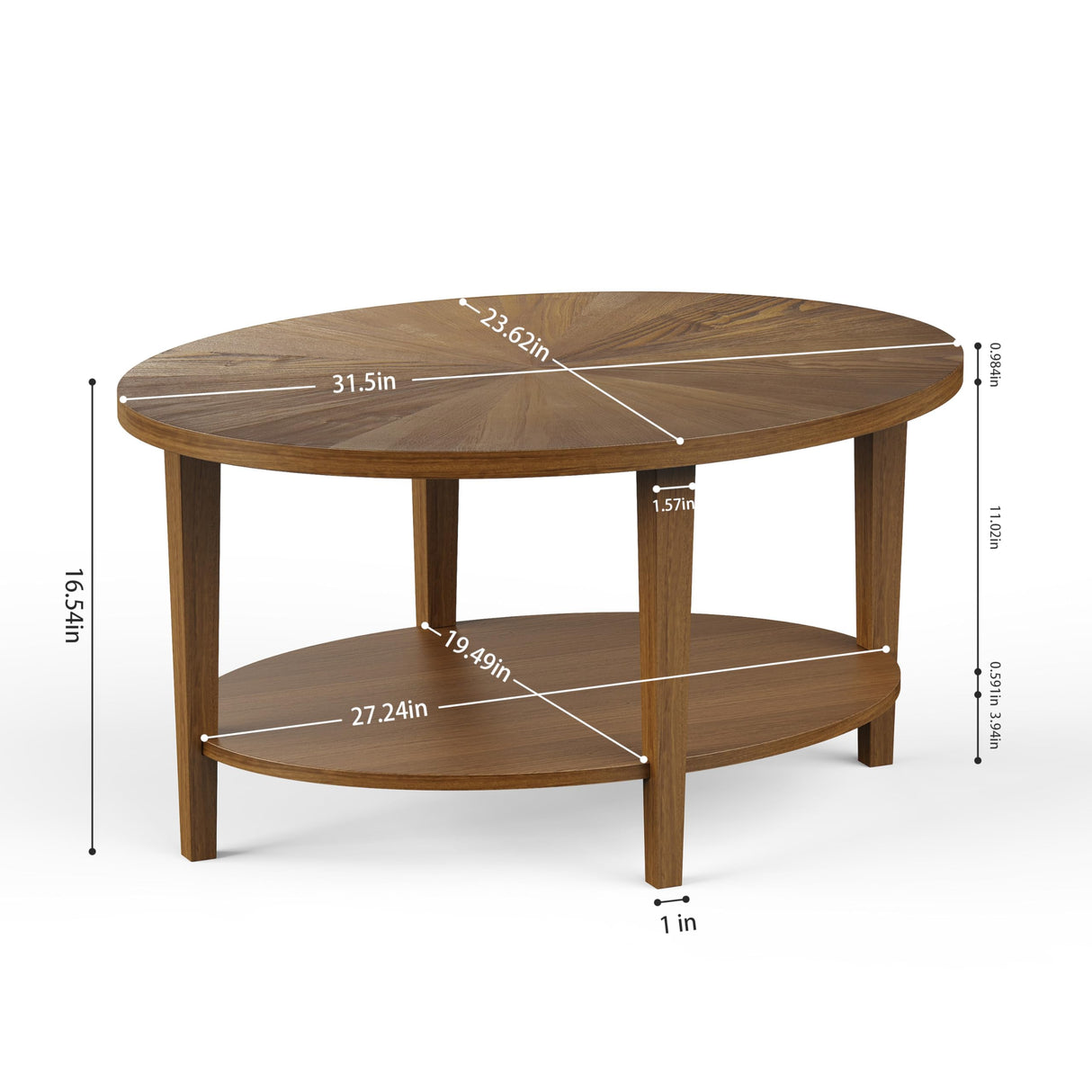 BRRITLE Solid Wood Oval Coffee Table for Living Room, 2 Tier Oval Rustic Coffee Table with Storage Shelf, Double Layer Center Table for Living Room, Easy Assembly Brown BRRITLE