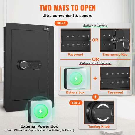 VEVOR 25.59" High Concealed Wall Safe, Keypad Access 3-Level Security Safe, Includes 3 Adjustable Shelves & 6 Hooks, Made of Durable Q235 Steel, Features LED Lighting & Alert System for Valuables VEVOR