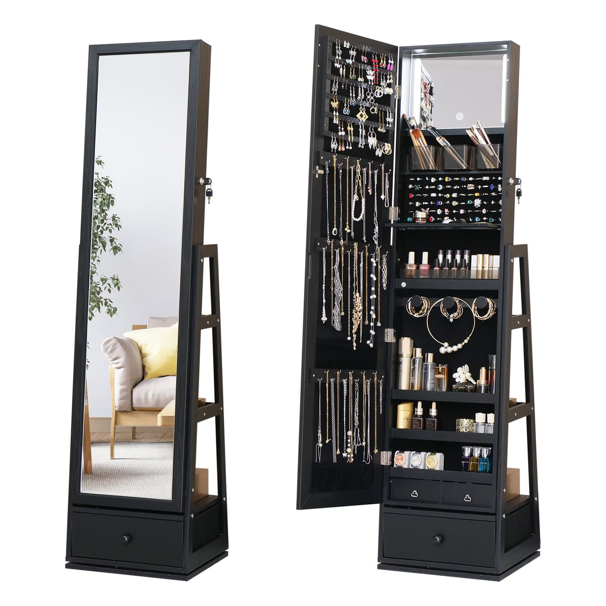 MASMIRE Swivel Full Length Mirror Jewelry Cabinet Standing With Built-In Mirror - 63.7”H Lockable Storage Jewelry Armoire With Mirror Drawers 3 Storage Racks Christmas Gift for Women Brown MASMIRE