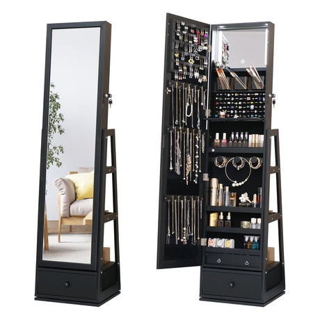 MASMIRE Swivel Full Length Mirror Jewelry Cabinet Standing With Built-In Mirror - 63.7”H Lockable Storage Jewelry Armoire With Mirror Drawers 3 Storage Racks Christmas Gift for Women Brown MASMIRE