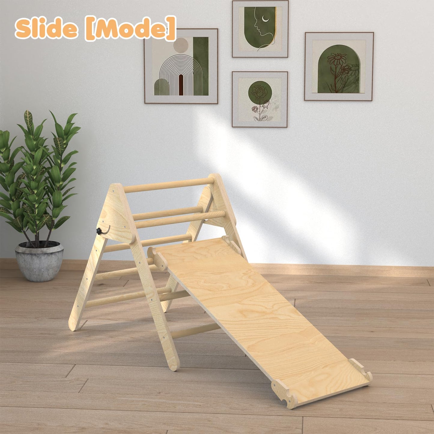 Pelnuies Pikler Triangle Set, 5 in 1 Wooden Montessori Climbing Set with Ramp for Sliding or Climbing, Foldable Toddler Climbing Toys Indoor Playground, Jungle Gyms for Toddlers 1-3, Natural