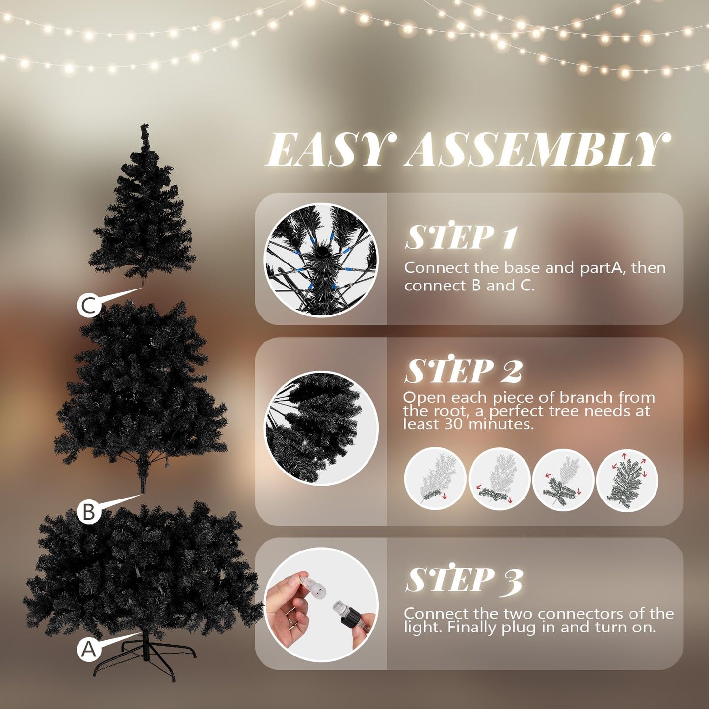 VINGLI 6ft Black Pre-lit Artificial Christmas Pine Tree with 250 Warm White Lights, Xmas Tree Holiday Party Decorations with Sturdy Metal Stand, Full 900 Tips Branch, 8 Color Modes