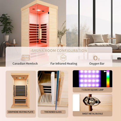 OUTEXER Sauna Room Indoor Far Infrared Saunas Home Canadian Hemlock 1400W Low-EMF Dry Saunas Single Person Spa with 7 Color Therapy 33.5 * 33.5 * 70.9inch