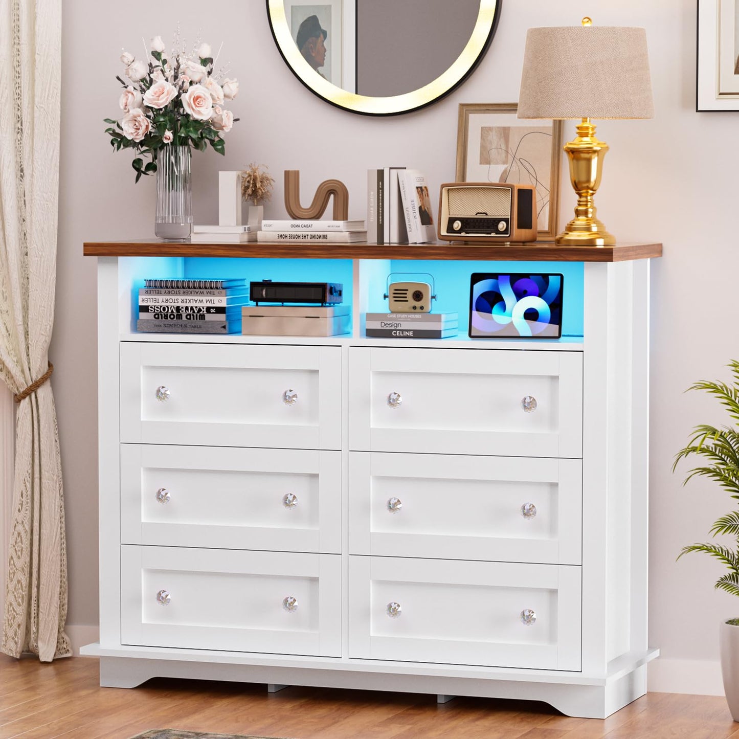 HAIOOU 6 Drawer Dresser for Bedroom White, Chest of Drawers 47 inch Modern Wooden Storage Organizer Tower with 2 Shelves,Power Outlets and LED Lights,Organizer Cabinet for Living Room,Hallway - WoodArtSupply