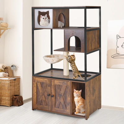 Cat Litter Box Enclosure,Hidden Litter Box Furniture with Metal Frame,Wooden Kitty House with Barn Door,Wooden Cat Washroom Furniture,Fit Most of Litter Box (Wood, M)