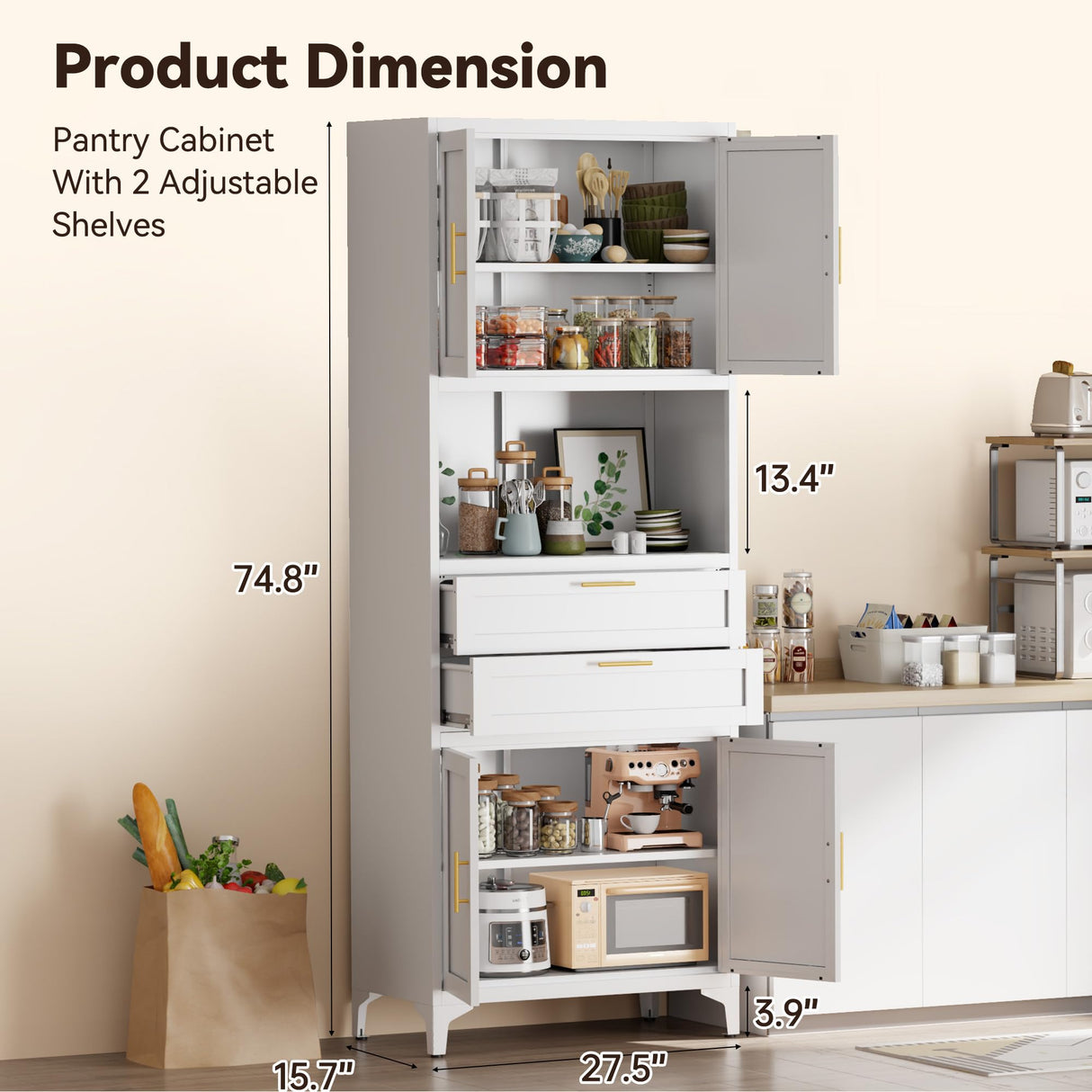 CXUZCZ Kitchen Storage Cabinet,Tall Metal Pantry Storage Cabinet with Door Drawers and Adjustable Shelves,Freestanding Cupboard for Kitchen Dining Room Bedroom Home Office and Bathroom (White 75 ") CXUZCZ