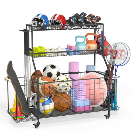 Sports Equipment Organizer, Garage Ball Storage Racks - Outdoor Toy Storage with 2 Side Racks & Removable Baskets, Heavy-Duty Garage Rolling Ball Cart with Wheels, Hooks for Sports Gear, Toys DreamOak