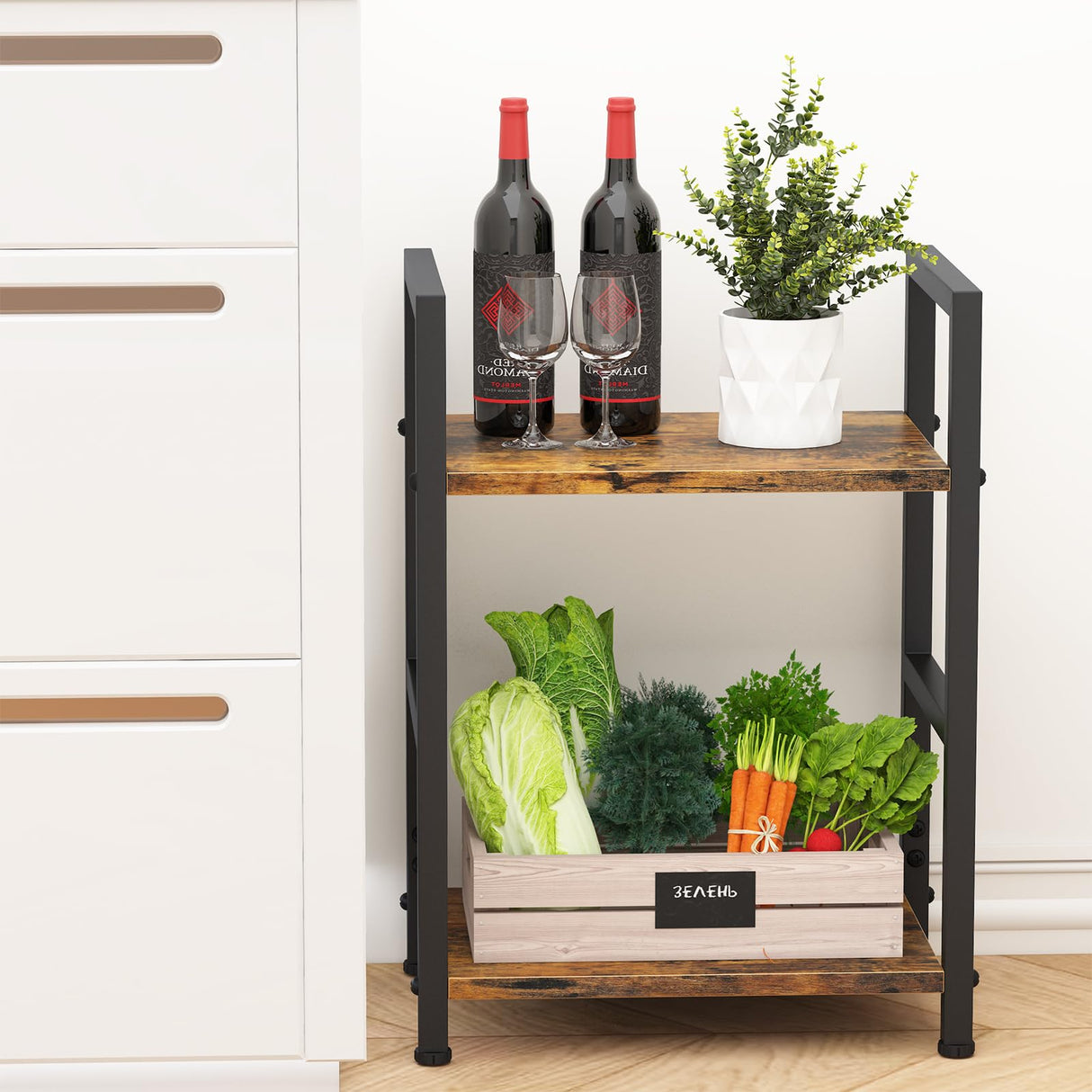 Katrawu Small Bookshelf for Small Space, 2 Tier Industrial Bookcase,Narrow Book Case Storage Organizer Book Shelf for Living Room, Bedroom and Office, Easy Assembly(2 Tier,Rustic Brown) Katrawu