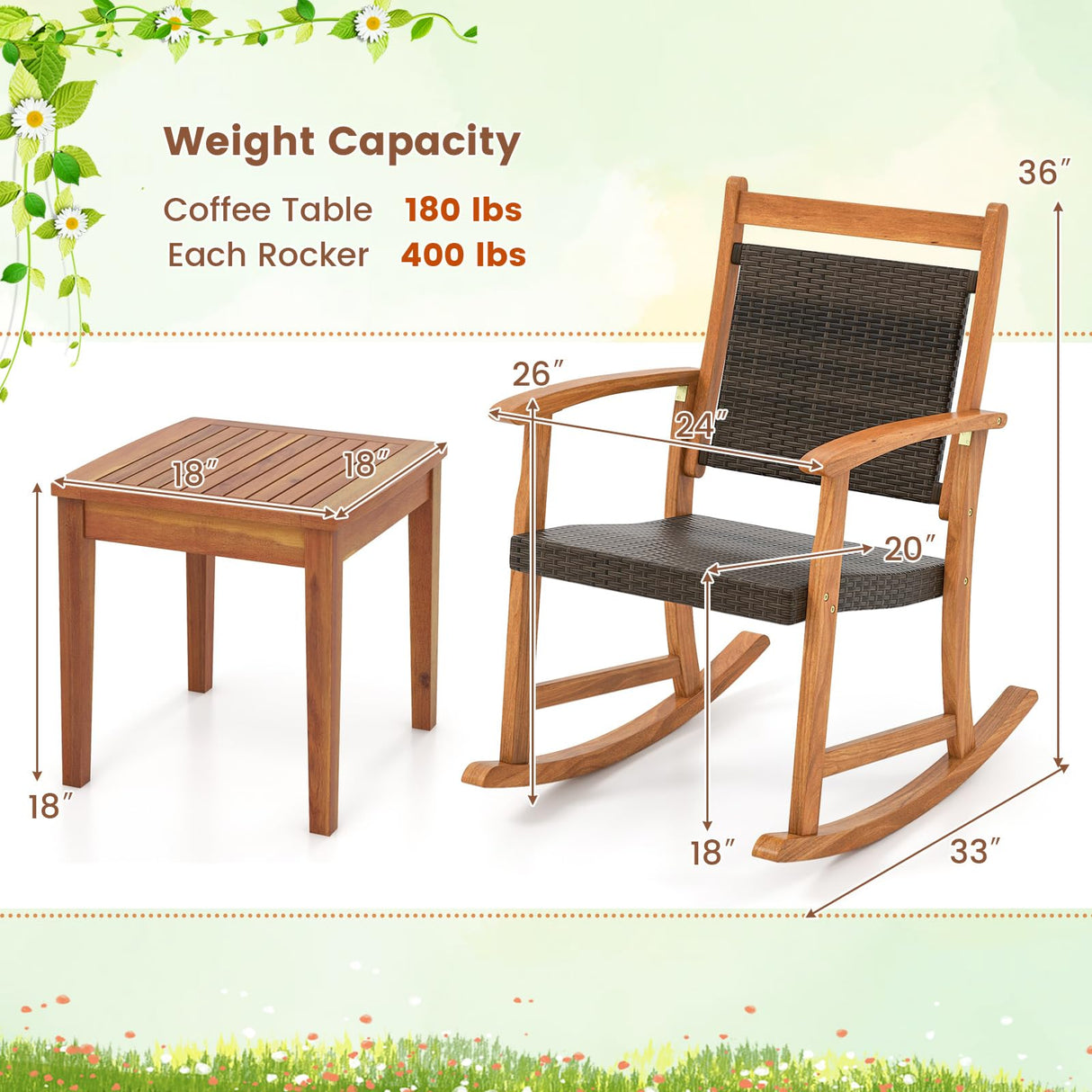 Tangkula 3 Pieces Patio Rocking Chair Set, Patiojoy Acacia Wood Rocker with Side Table, Outdoor Chairs with Wicker Rattan Seat & Backrest, Patio Bistro Set for Garden, Backyard, Poolside Tangkula
