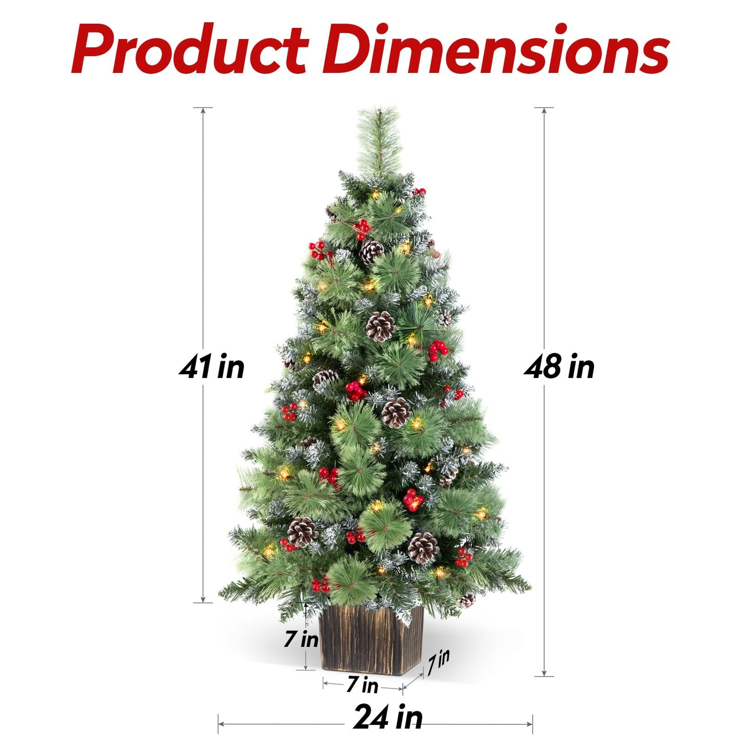 Jin&Bao 4FT Potted Christmas Tree with 100 Lights, Artificial Christmas Tree Outdoor Decor 8 Mode Timer Waterproof with Round Pine Cones & Red Berries for Front Door, Porch, 2 Pack