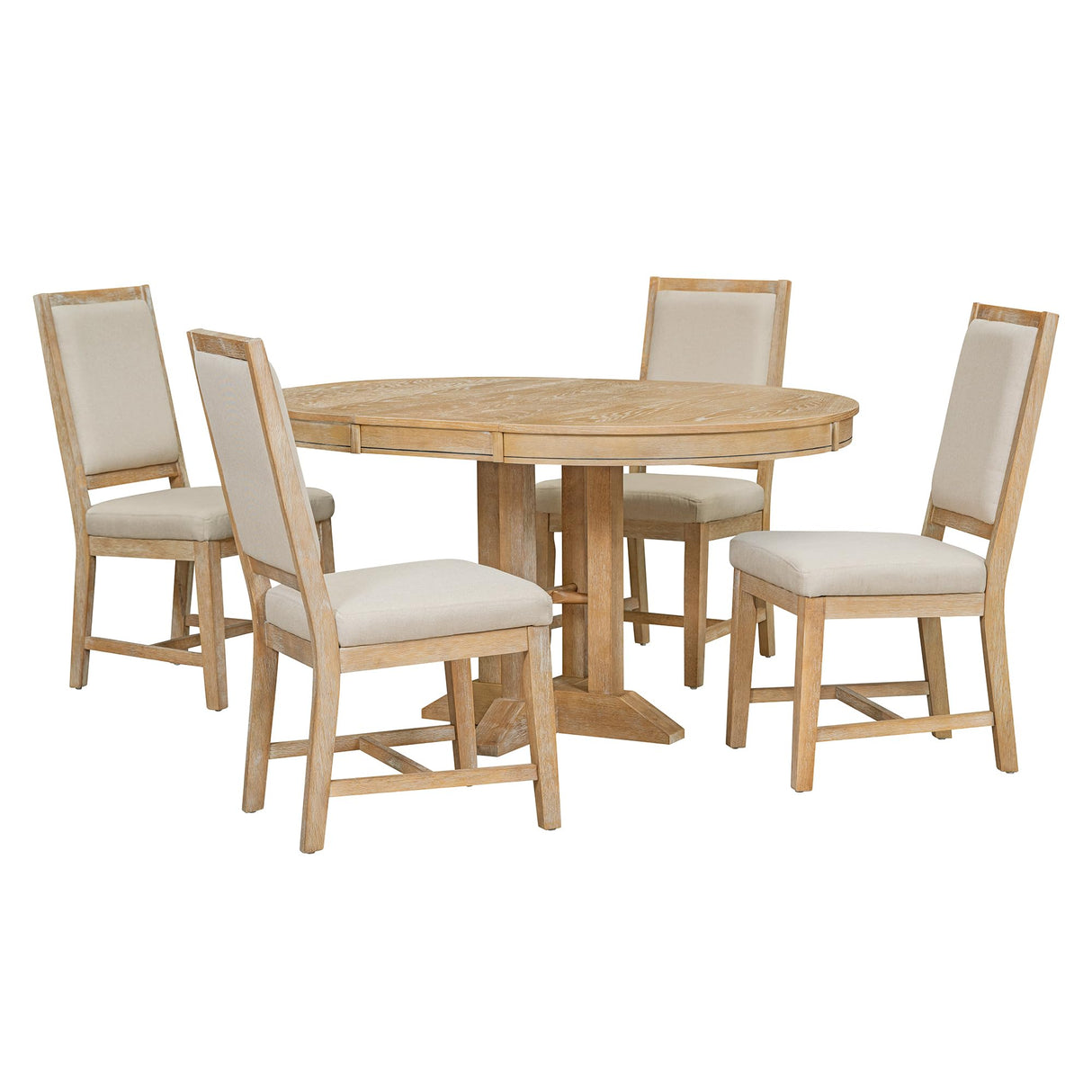 Bellemave 5-Piece Round Dining Table Set for 4 Round Extendable Kitchen Table Set with 4 Upholstered Chairs Farmhouse Round to Oval Dining Room Set for Kitchen, Dining Room (Natural Wood Wash) Bellemave