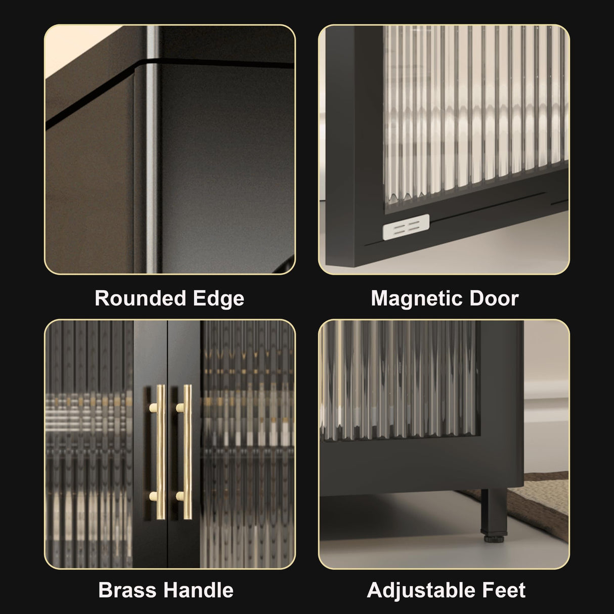 VASAAOSD Kitchen Pantry Storage Cabinets, Metal Sideboard Storage Cabinet with Glass Doors and Adjustable Shelves, Modern Furniture Pantry Cabinet for Kitchen, Living Room and Dining Room, Black VASAAOSD