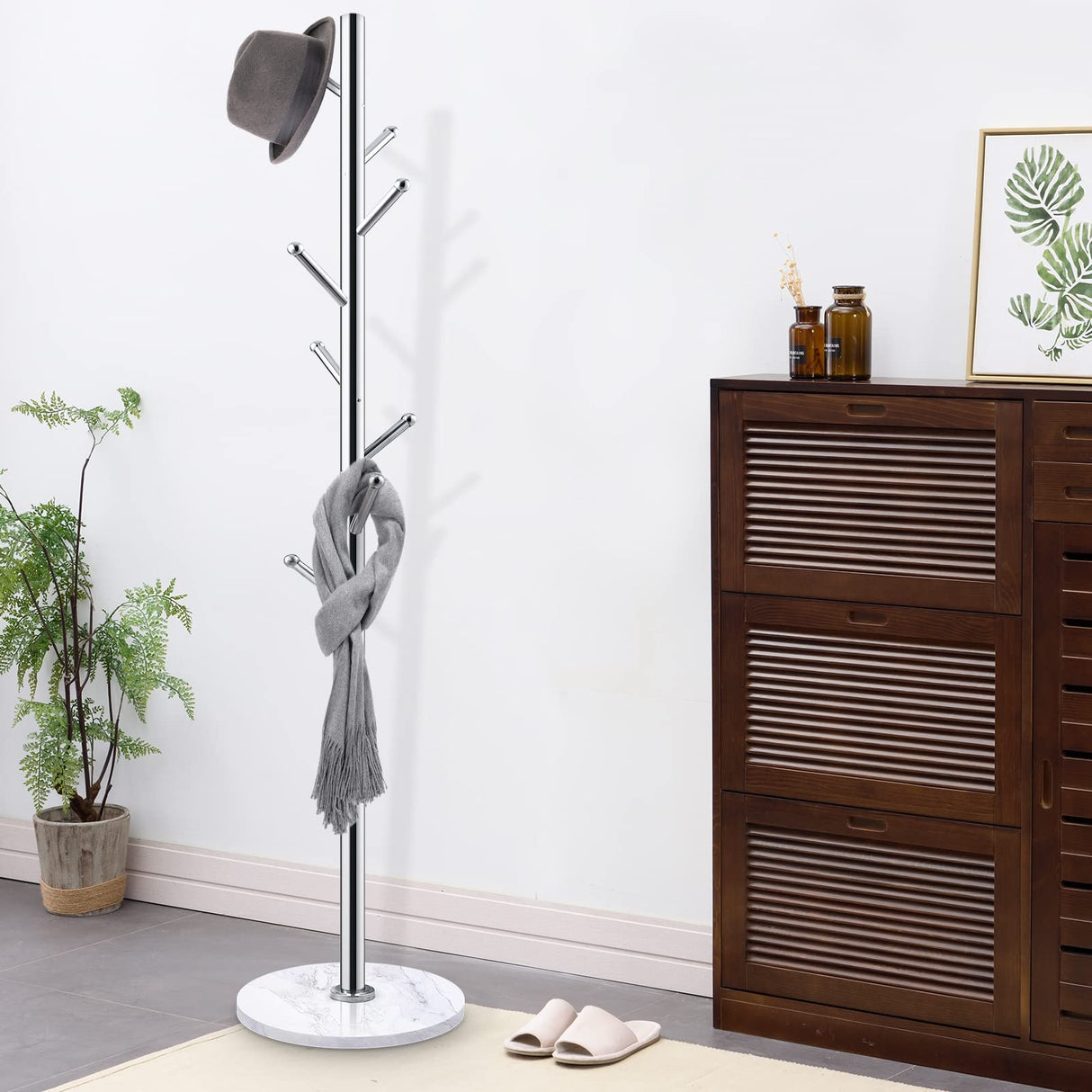 Homde Metal Coat Rack Stand with Natural Marble Base, Stainless Steel Freestanding Coat Tree Hanger with 8 Hooks, Hall Tree for Clothes Jackets Hat Scarves Handbags Entryway Bedroom (Silver) Homde