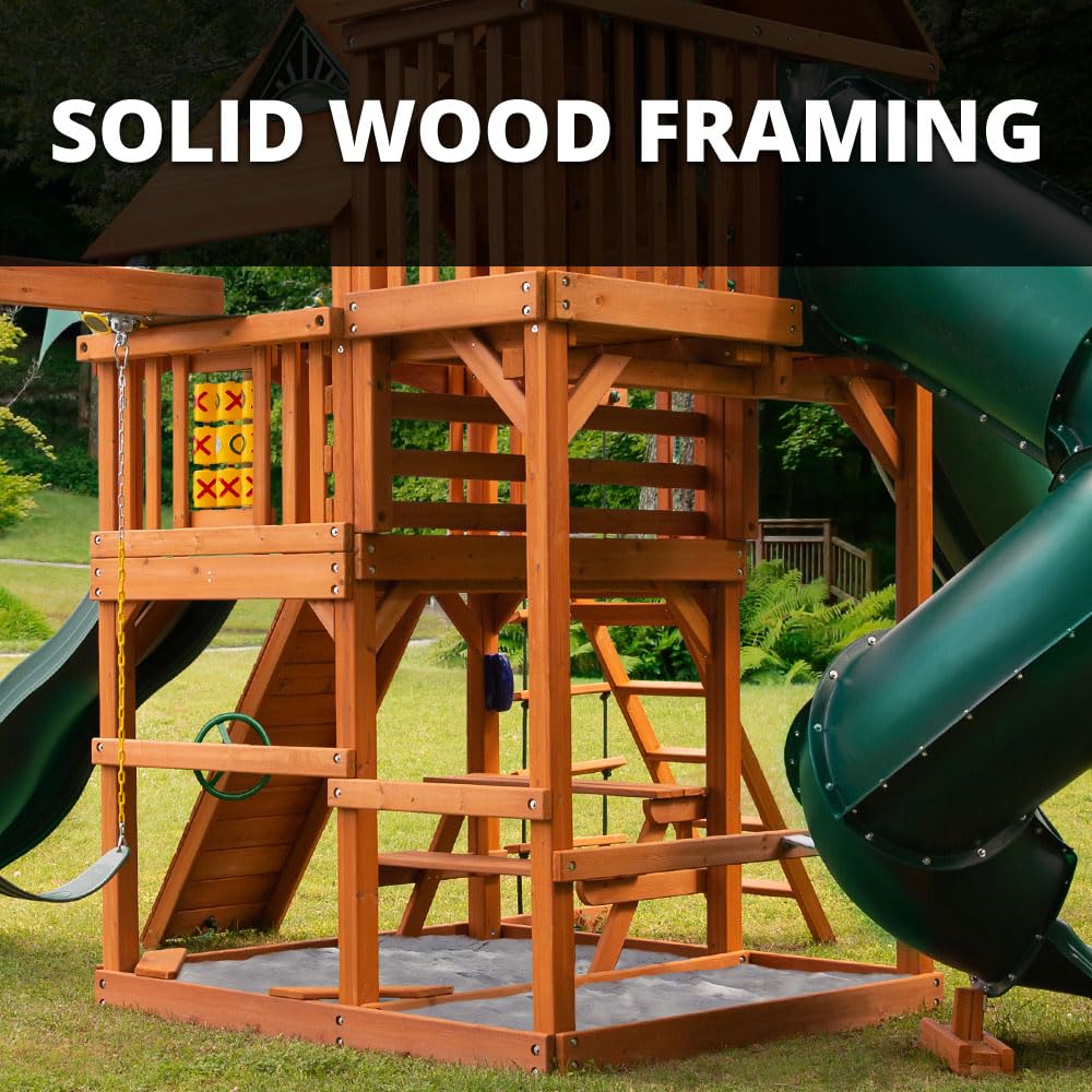 Gorilla Playsets 01-0030-AP-1 Great Skye I Wood Swing Set with Green Vinyl Canopy, Tube Slide, and Rock Wall, Amber