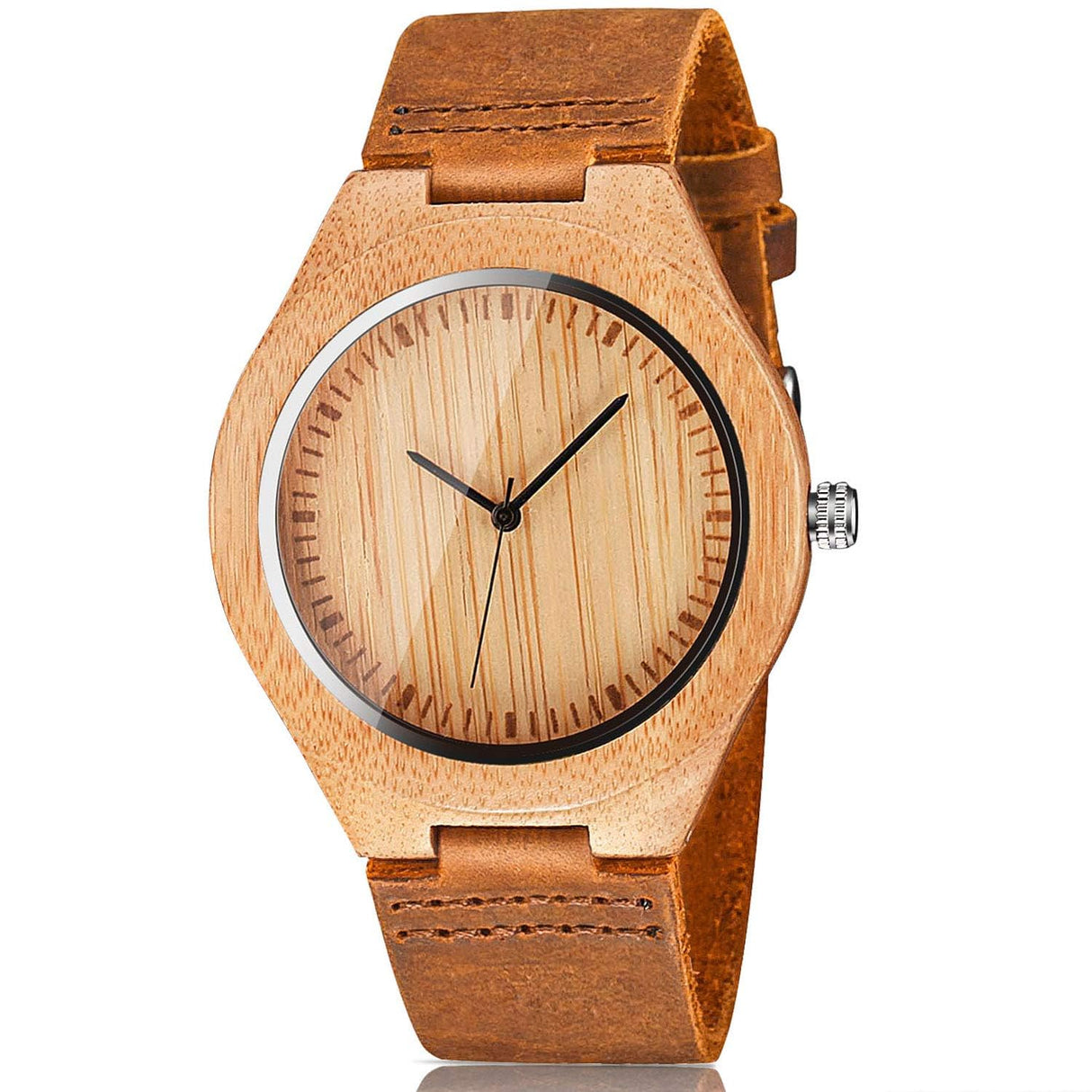 CUCOL Men's Bamboo Wooden Watch with Brown Cowhide Leather Strap Japanese Quartz Movement Casual Watches CUCOL