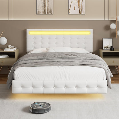 Keyluv Modern Floating Bed Frame with Adjustable LED Lights and Upholstered Leather Headboard - White - WoodArtSupply