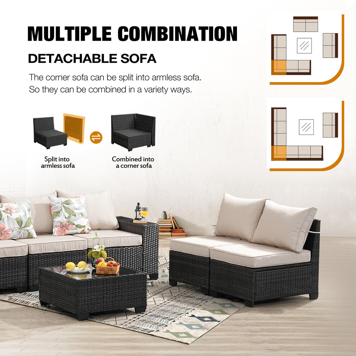 JOYURE 10 Pieces Patio Furniture Set All-Weather Outdoor Wicker Sectional Conversation Sofa Rattan Patio Seating Sofa with Cushion and Glass Table for Porch Poolside,Beige JOYURE