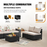 JOYURE 10 Pieces Patio Furniture Set All-Weather Outdoor Wicker Sectional Conversation Sofa Rattan Patio Seating Sofa with Cushion and Glass Table for Porch Poolside,Beige JOYURE