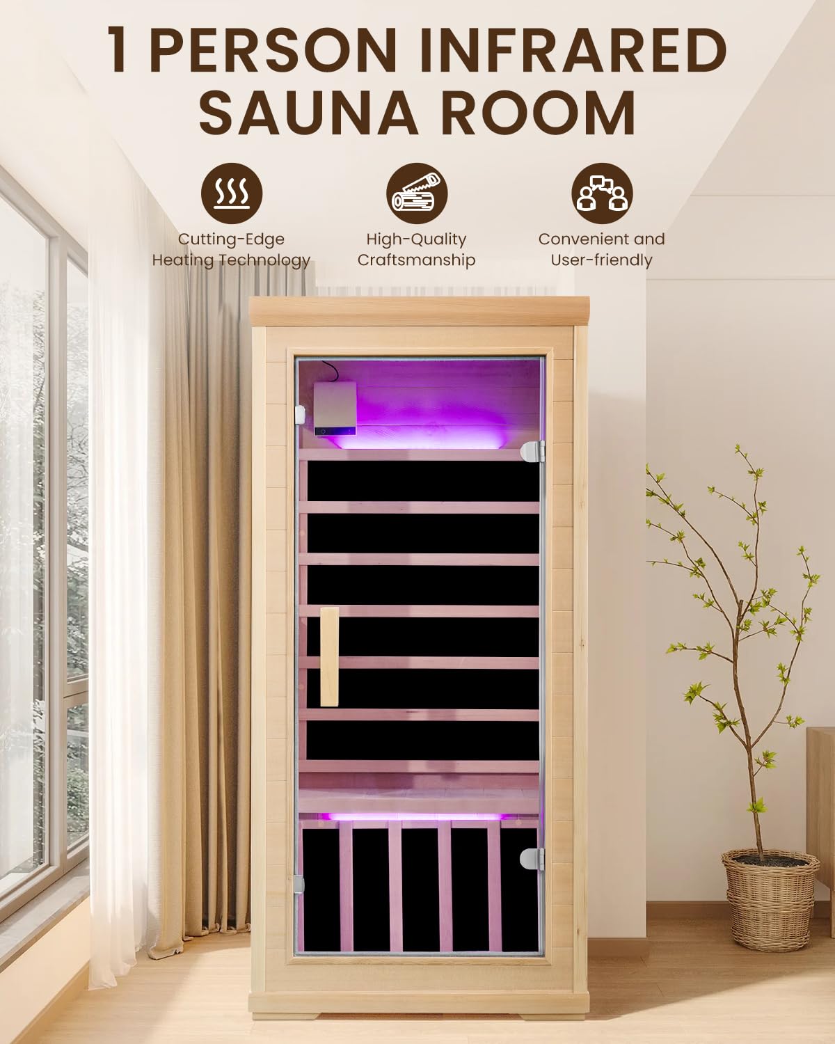 SpaZeit 1 Person Far Infrared Sauna for Home Spa, 1000W Low EMF Wooden Dry Sauna Room with LED Lamp, LCD Control Panel, Tempered Glass Door, 7 Colors Lighting, 66.93"x31.44"x31.44"