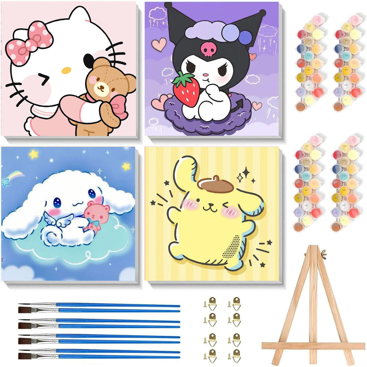 Sretoul 4 Pack Cartoon Paint by Numbers Kit for Kids with Frame - Wooden Easel, Cute Kids Paint by Numbers Ages 4 8 12, DIY Acrylic Oil Painting for Home Wall Decor (8x8 inch) Sretoul