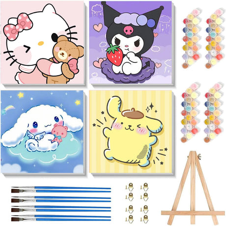 Sretoul 4 Pack Cartoon Paint by Numbers Kit for Kids with Frame - Wooden Easel, Cute Kids Paint by Numbers Ages 4 8 12, DIY Acrylic Oil Painting for Home Wall Decor (8x8 inch) Sretoul