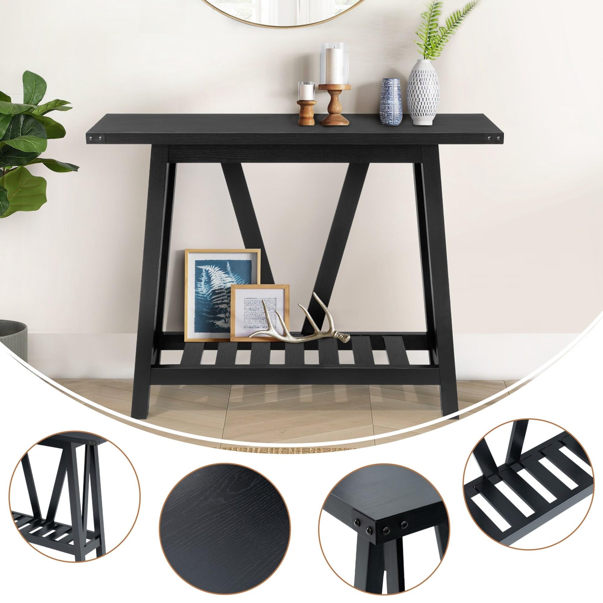 JOINHOM Farmhouse Console Table for Entryway - Wood Entryway Tables with Shelves, Sofa Table for Entryway, Living Room, Black - WoodArtSupply