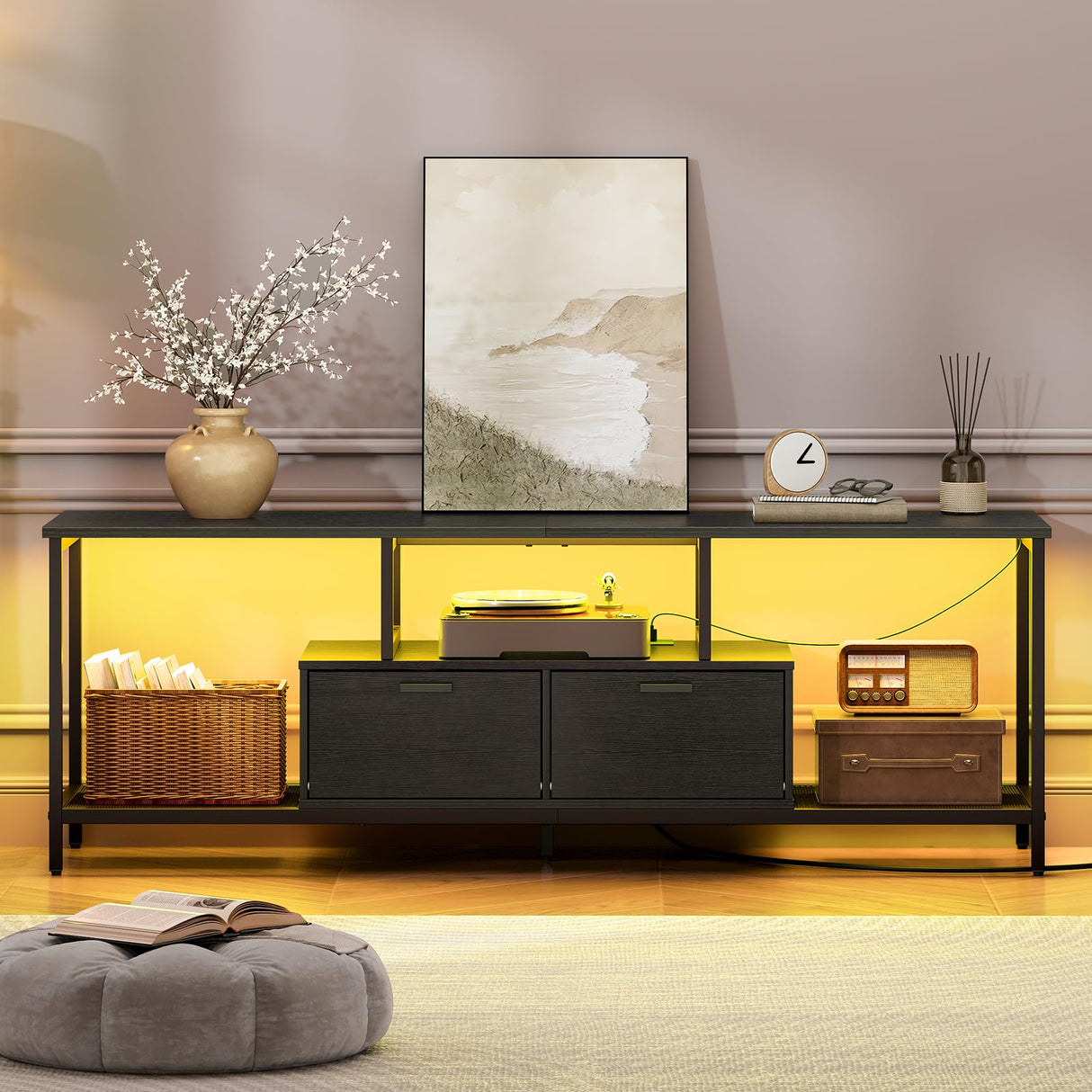 HOOBRO TV Stand with LED Light and Power Outlets for TVs up to 65 Inch, TV Media Console with Double-Door Cabinet, Gaming Entertainment Center for Living Room Bedroom, Black BB48UDDS01 HOOBRO