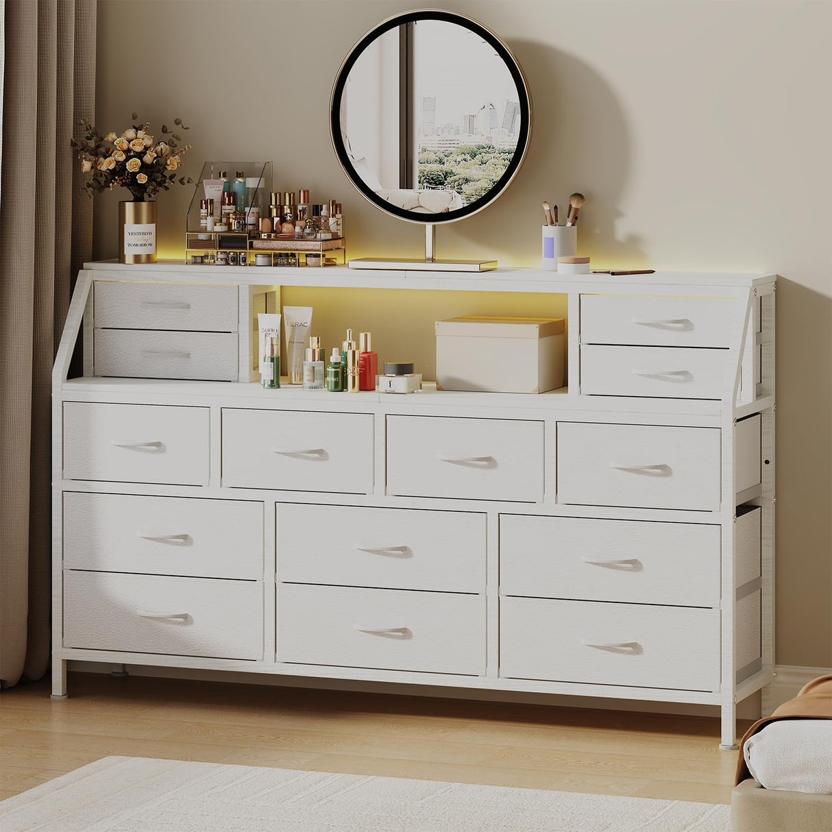 DrawXynth White Dresser for Bedroom, 55" TV Stand with 14 Drawers, Long Dresser & Chests of Drawers with Shelves & Sturdy Metal Frame & Wood Top DrawXynth