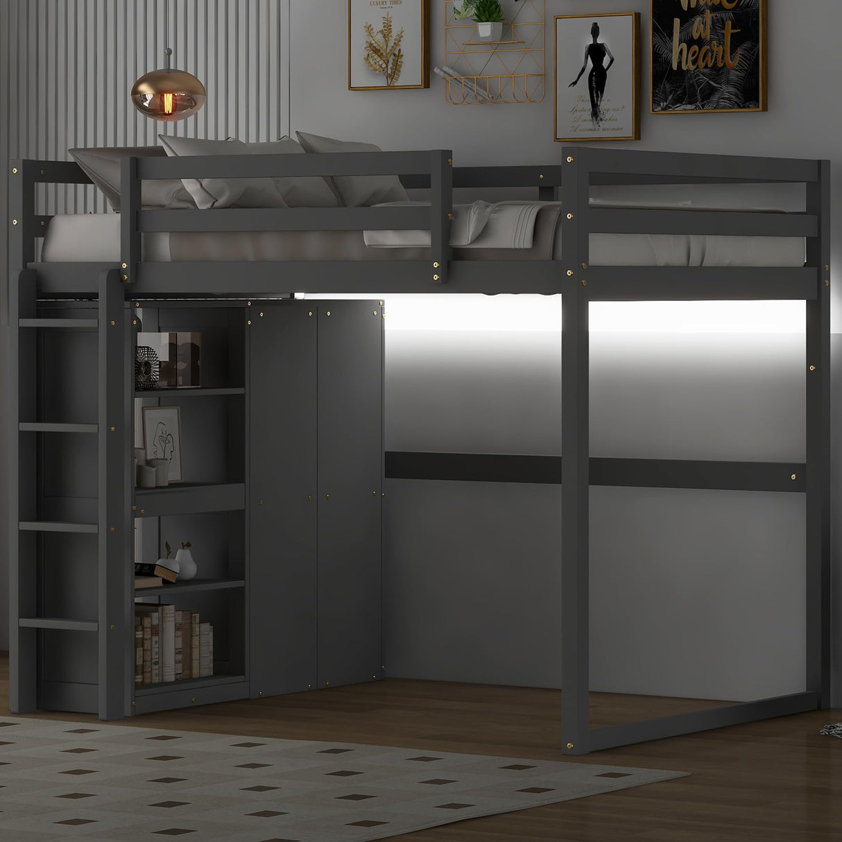 Harper & Bright Designs Full Size Loft Bed with Wardrobe & Storage Shelves, Wood Full Loft Bed Frame with LED Light for Kids Teens,Adults,Gray Harper & Bright Designs