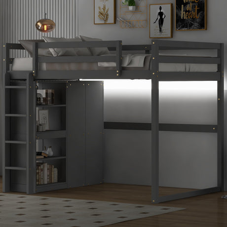 Harper & Bright Designs Full Size Loft Bed with Wardrobe & Storage Shelves, Wood Full Loft Bed Frame with LED Light for Kids Teens,Adults,Gray Harper & Bright Designs