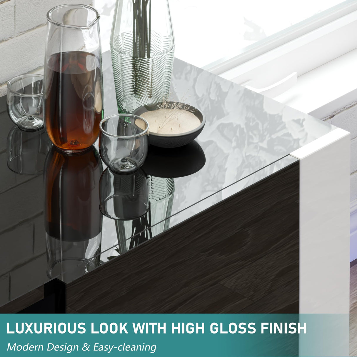 VanAcc 70" High Gloss TV Stand with Storage for Living Room, LED Entertainment Center for Bedroom, Wood U-Shaped Legs TV Cabinet for 80 Inch TV,Black VanAcc